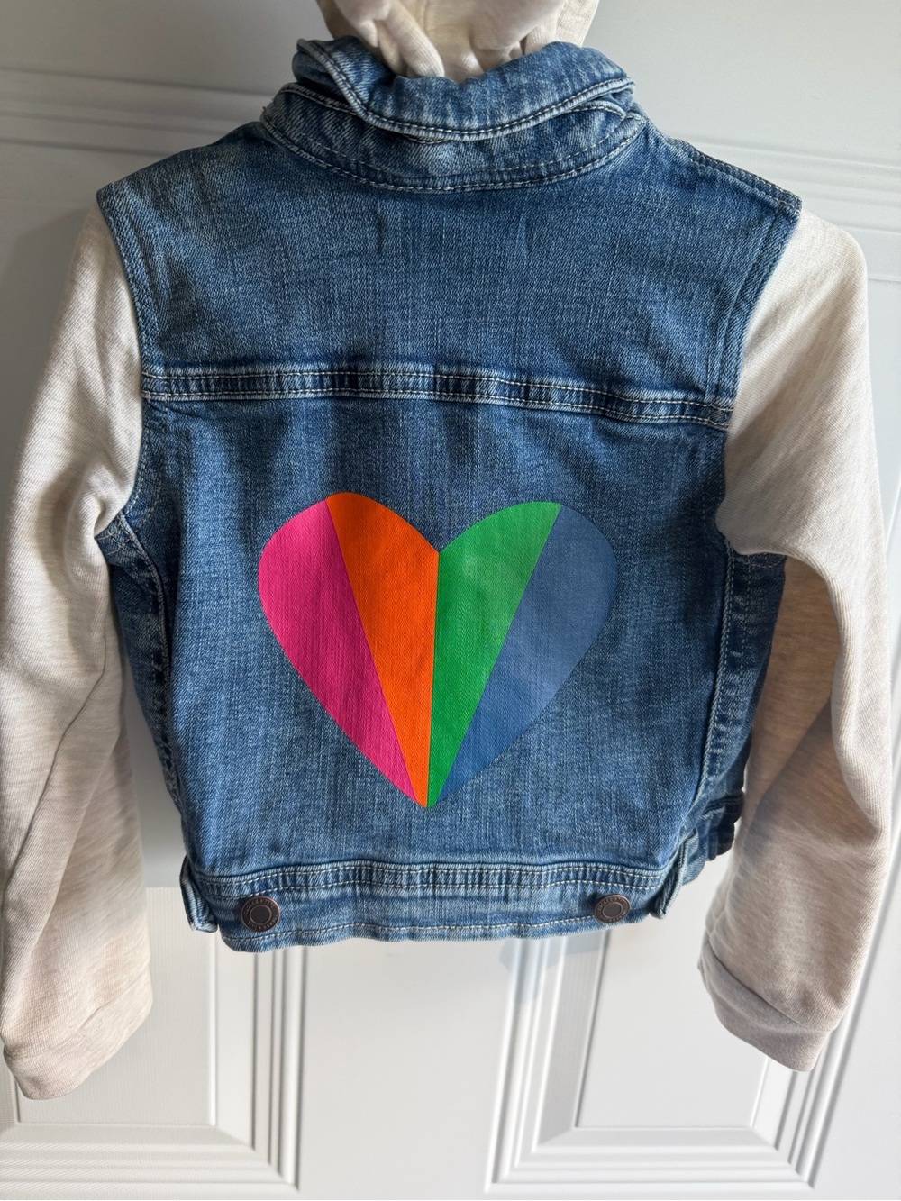 Tucker + Tate Blue Denim Jacket with colorful heart & hood on back size 5